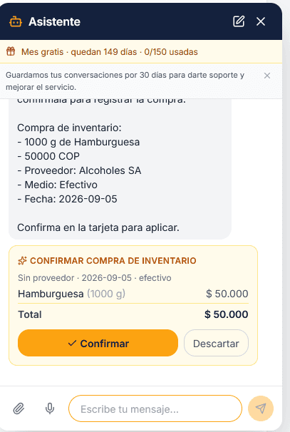 Panel del asistente de Rukkos proponiendo una compra de inventario pendiente de confirmar