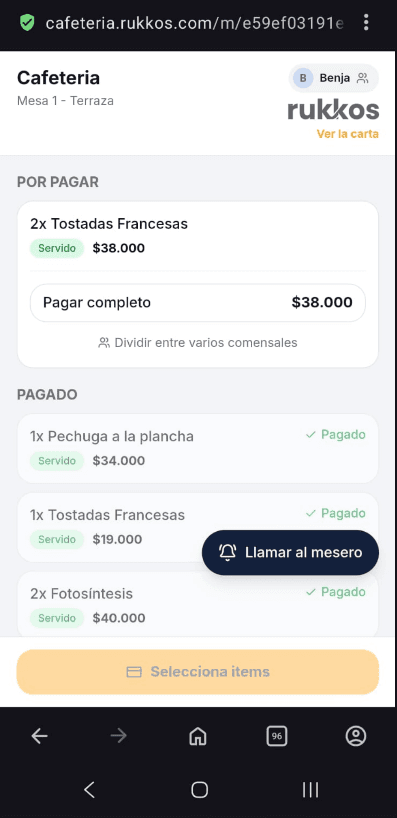 Cuenta de la mesa en el celular del comensal, lista para dividir y pagar