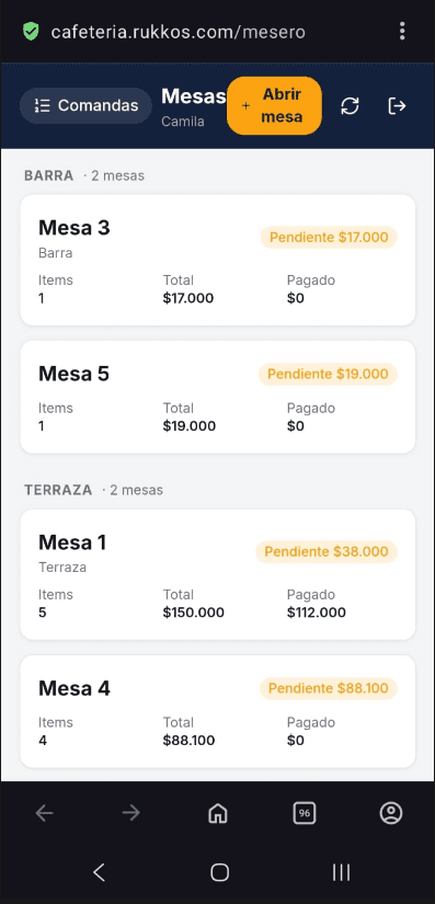 App de mesero con las mesas abiertas y lo que queda pendiente de cobrar en cada una
